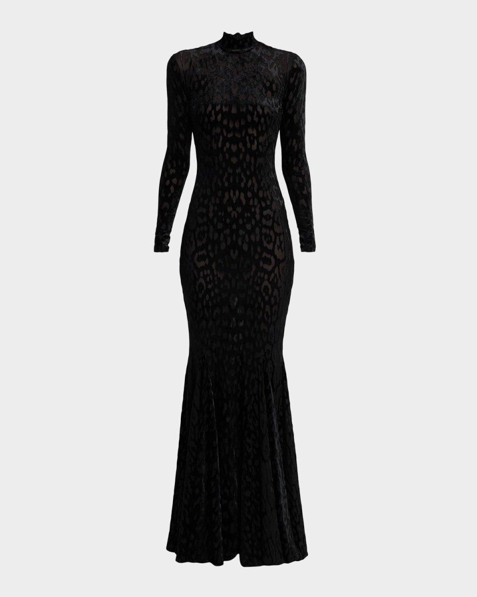 Jaguar Velvet Mock-Neck Long-Sleeve Trumpet Gown